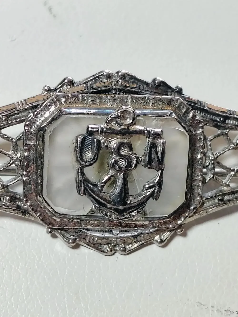 Vintage Sterling Silver USN Navy Mother of Pearl Art Deco Sweetheart Brooch